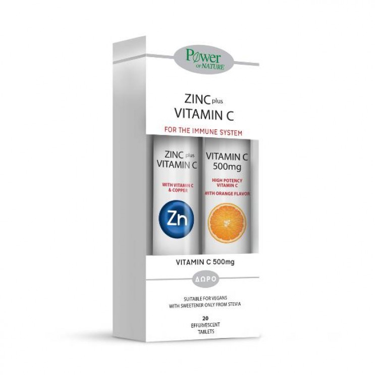 Power Health Zinc & Vitamin C 1000mg Stevia Συμπλήρωμα Διατροφής με Ψευδάργυρο και Βιταμίνη C 20eff.tabs & Δώρο Vitamin C 500mg Πορτοκάλι 20eff.tabs ΒΙΤΑΜΙΝΕΣ