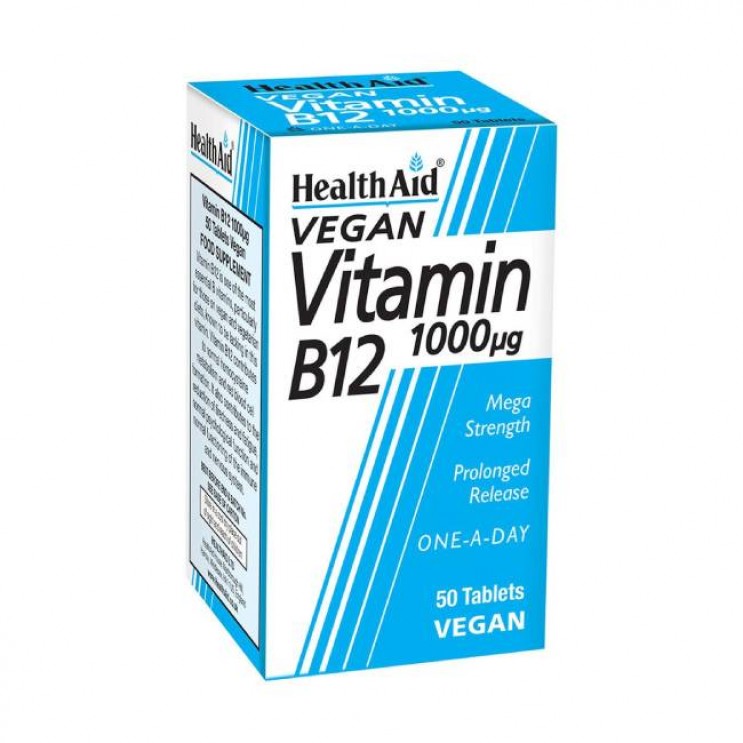 Health Aid Vegan Vitamin B12 1000mg 50tabs |Συμπλήρωμα Διατροφής με Βιταμίνη Β12 για Νευρικό Σύστημα, Μνήμη & Συγκέντρωση 