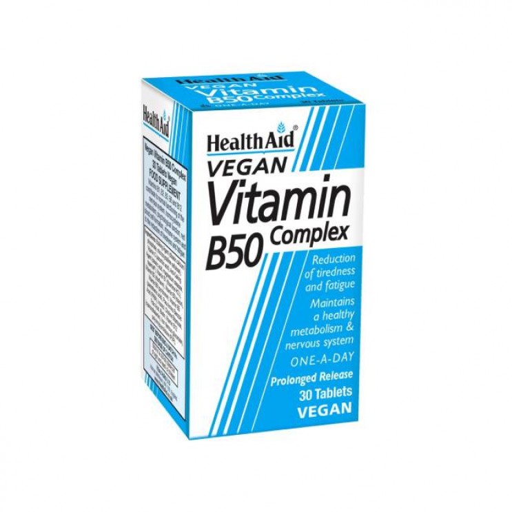 Health Aid Vegan Vitamin B50 Complex 30tabs | Συμπλήρωμα Διατροφής με Σύμπλεγμα Βιταμινών B Βραδείας Αποδέσμευσης ΒΙΤΑΜΙΝΕΣ