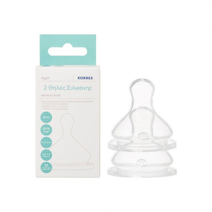 Korres Agali Silicone Teats, Medium Flow 2τμχ | Θηλές Σιλικόνης, Μέτριας Ροής 3m+
