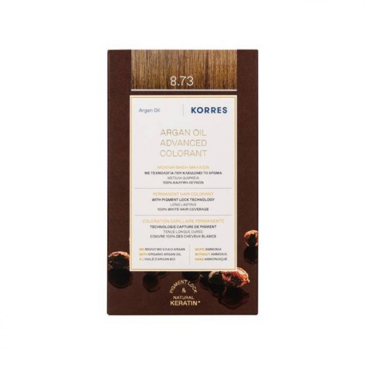 Korres Argan Oil Advanced Colorant 8.73 Golden Caramel | Μόνιμη Βαφή Μαλλιών Argan Oil 8.73 Χρυσή Kαραμέλα