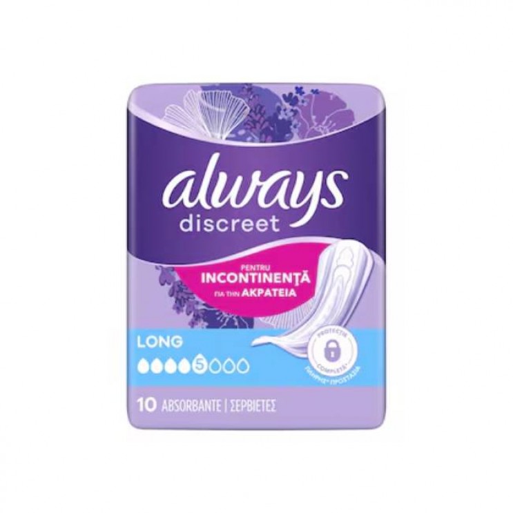 Always Discreet Long No5 10τμχ | Σερβιέτες για την Ακράτεια Μέγεθος 5