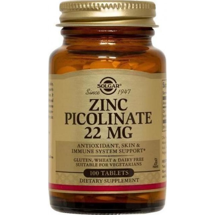 Solgar Zinc Picolinate 22mg 100tabs |  Συμπλήρωμα Διατροφής Ψευδαργύρου ΜΕΤΑΛΛΑ & ΙΧΝΟΣΤΟΙΧΕΙΑ