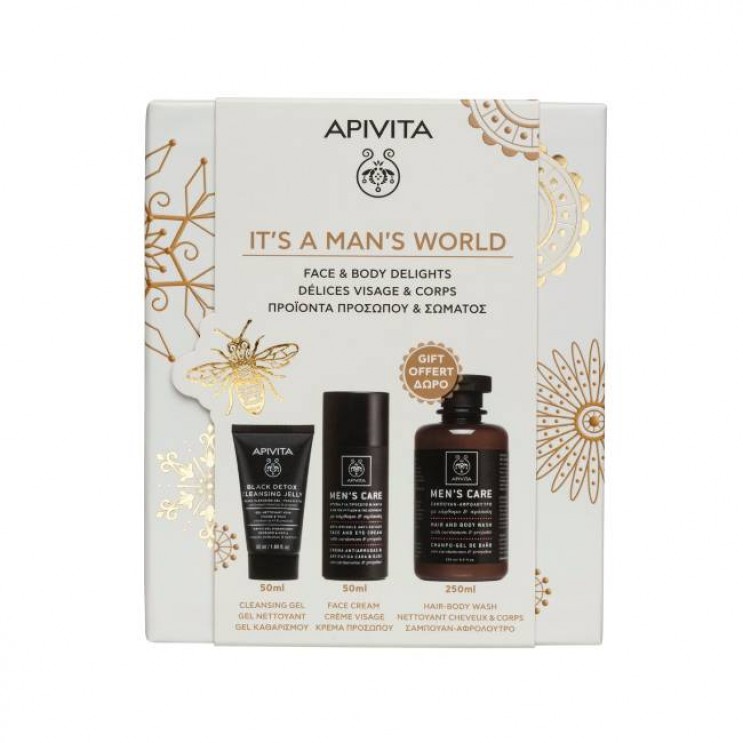Apivita Men's Care Face and Eye Cream Κρέμα για το Πρόσωπο & τα Μάτια 50ml & Men's Care  Σαμπουάν & Αφρόλουτρο για Άντρες με Κάρδαμο & Πρόπολη 250ml & Black Detox Gel Καθαρισμού για Πρόσωπο & Μάτια 50ml Σαμπουάν