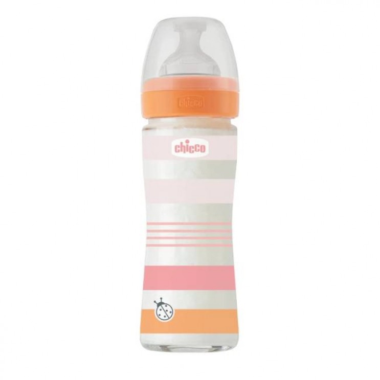Chicco Baby Bottle Well Being Μπιμπερό Γυάλινο Girl 0m+ 240ml | Μπιμπερό Με Θηλή Σιλικόνης Αργής Ροής Πορτοκαλί ΑΞΕΣΟΥΑΡ ΓΙΑ ΜΩΡΑ