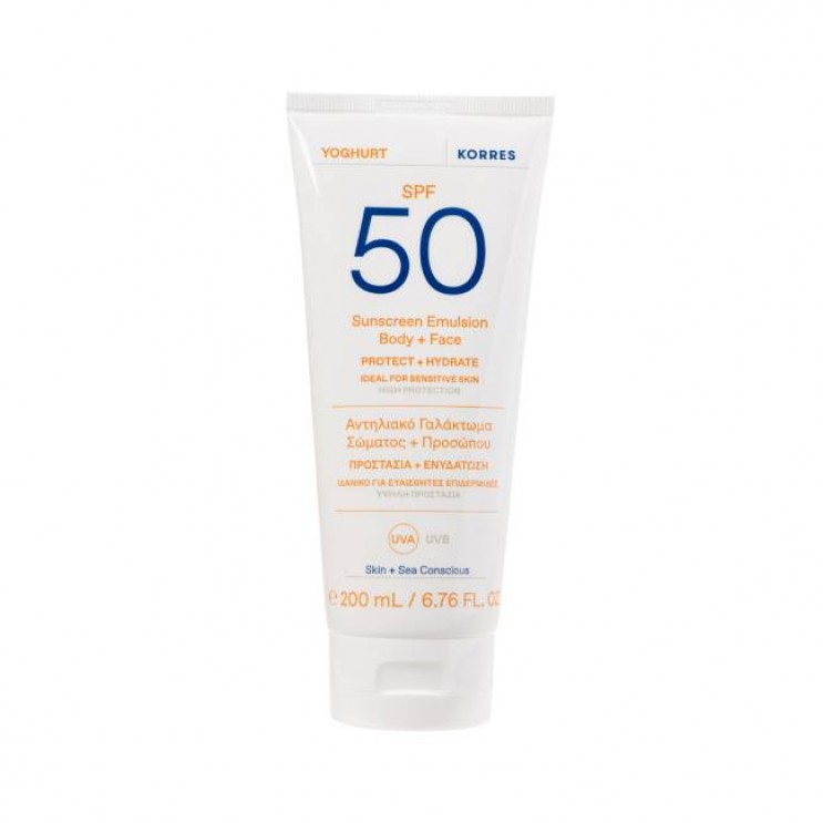 Korres Sunscreen Yoghurt Emulsion Face & Body SPF50 200ml | Αντιηλιακό Γαλάκτωμα Προσώπου & Σώματος με Γιαούρτι 