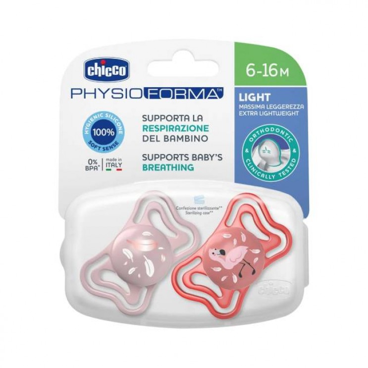 Chicco Physio Forma Light 6-16m, Pink 2τμχ | Πιπίλα Σιλικόνης Ροζ από 6-16 μηνών