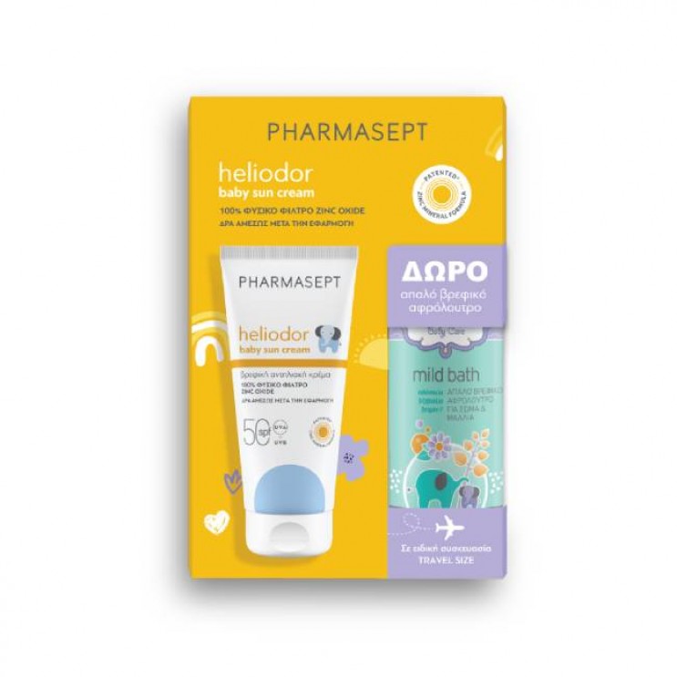 Pharmasept Heliodor Baby Sun Cream Spf50 Βρεφική Αντηλιακή Κρέμα Υψηλής Προστασίας 100ml & Δώρο Baby Care Mild Bath Απαλό Βρεφικό Αφρόλουτρο για Σώμα & Μαλλιά 100ml