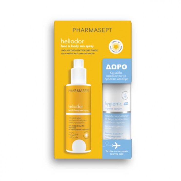 Pharmasept Heliodor Face & Body Sun Spray SPF50 Αντηλιακό Σπρέι Προσώπου & Σώματος 165g & Δώρο Hygienic Shower Cream Κρεμώδες Αφρόλουτρο 100ml