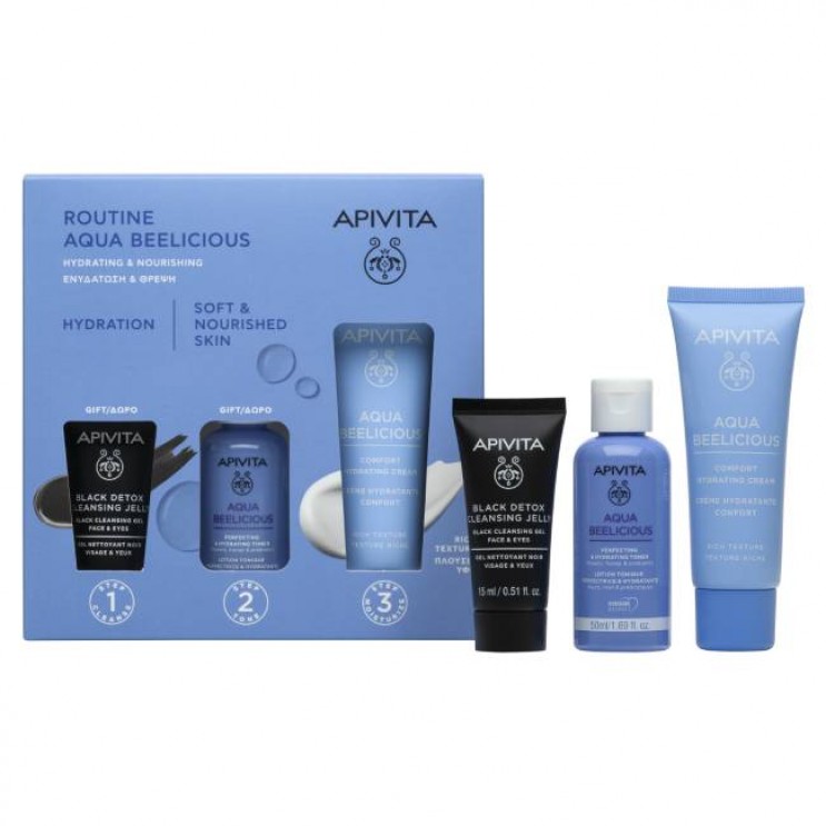 Apivita Aqua Beelicious Comfort Hydrating Cream Rich Texture Απαλή Κρέμα Ενυδάτωσης Πλούσιας Υφής 40ml & Δώρο Μαύρο Gel Καθαρισμού 15ml & Δώρο Perfecting & Hydrating Toner Λοσιόν Ενυδάτωσης κατά των Ατελειών 50ml ΦΡΟΝΤΙΔΑ ΠΡΟΣΩΠΟΥ