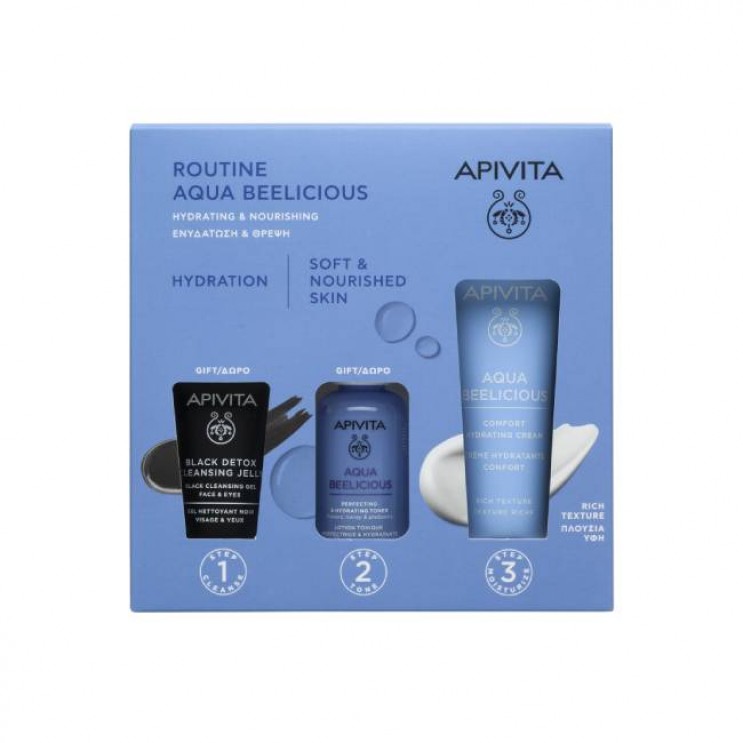 Apivita Aqua Beelicious Comfort Hydrating Cream Rich Texture Απαλή Κρέμα Ενυδάτωσης Πλούσιας Υφής 40ml & Δώρο Μαύρο Gel Καθαρισμού 15ml & Δώρο Perfecting & Hydrating Toner Λοσιόν Ενυδάτωσης κατά των Ατελειών 50ml ΦΡΟΝΤΙΔΑ ΠΡΟΣΩΠΟΥ