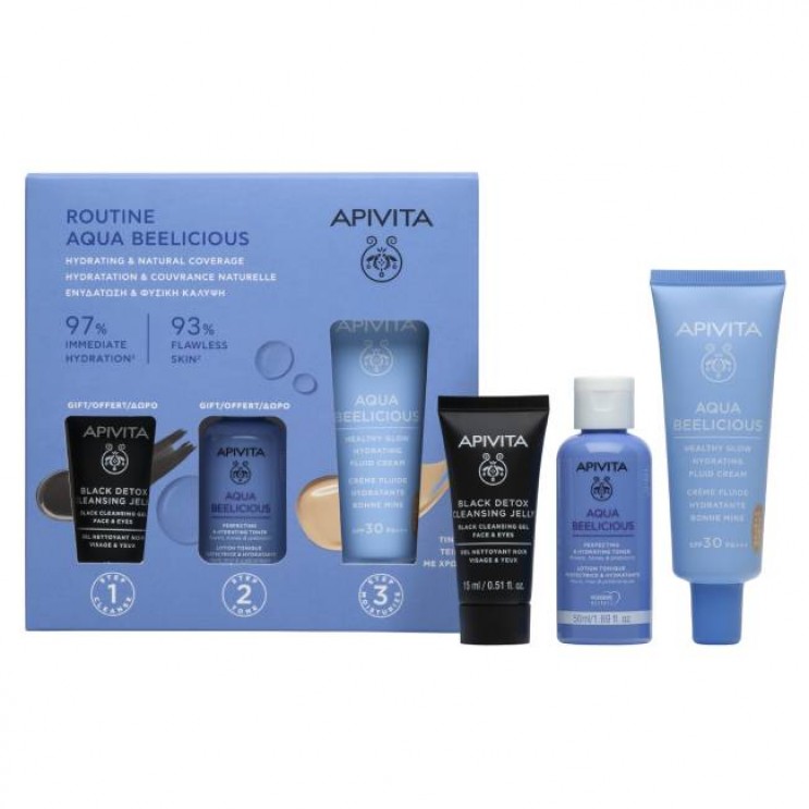 Apivita Aqua Beelicious Hydrating Fluid Cream SPF30 Tinted Λεπτόρρευστη Κρέμα Ενυδάτωσης με Χρώμα 40ml & Δώρο Μαύρο Gel Καθαρισμού 15ml & Δώρο Perfecting & Hydrating Toner Λοσιόν Ενυδάτωσης κατά των Ατελειών 50ml