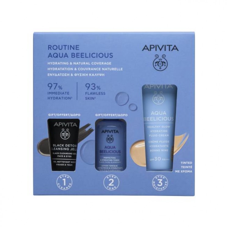Apivita Aqua Beelicious Hydrating Fluid Cream SPF30 Tinted Λεπτόρρευστη Κρέμα Ενυδάτωσης με Χρώμα 40ml & Δώρο Μαύρο Gel Καθαρισμού 15ml & Δώρο Perfecting & Hydrating Toner Λοσιόν Ενυδάτωσης κατά των Ατελειών 50ml