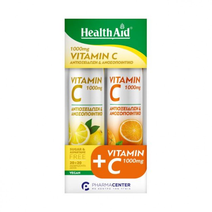 Health Aid Vitamin C 1000mg Lemon Συμπλήρωμα Διατροφής Βιταμίνης C με Γεύση Λεμόνι 20 Eff.tabs &  Vitamin C 1000mg Orange Βιταμίνης C  με Γεύση Πορτοκάλι 20 Eff.tabs