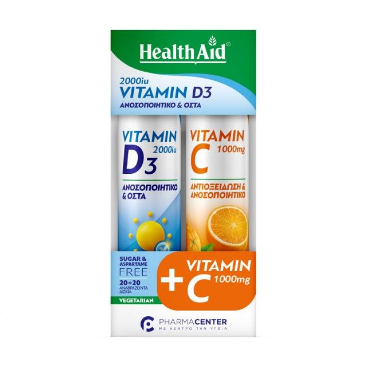 Health Aid Vitamin D3 2000iu Orange Συμπλήρωμα Διατροφής Βιταμίνης D3 με Γεύση Πορτοκάλι20 Eff.tabs & Vitamin C 1000mg Orange Συμπλήρωμα Διατροφής Βιταμίνης C με Γεύση Πορτοκάλι 20 Eff.tabs