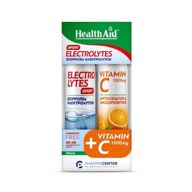 Health Aid Electrolytes Sport Συμπλήρωμα Διατροφής με Ηλεκτρολύτες με Γεύση Φράουλα 20eff.tabs & Vitamin C 1000mg Orange Βιταμίνης C με Γεύση Πορτοκάλι 20 Eff.tabs