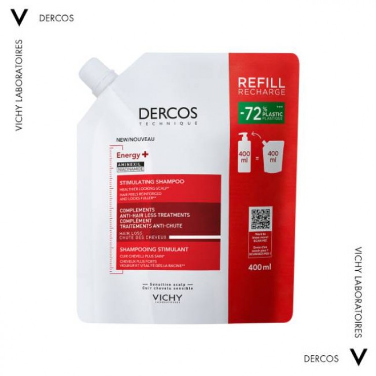 Vichy Dercos Energy+ Shampoo Refill 400ml | Δυναμωτικό Σαμπουάν κατά της Τριχόπτωσης, με Aminexil και Νιασιναμίδη σε Οικολογική Συσκευασία ΦΡΟΝΤΙΔΑ ΜΑΛΛΙΩΝ