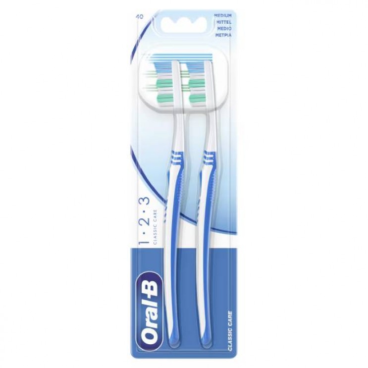 Oral-B Toothbrushes 1-2-3 Classic Care Medium 2τμχ | Οδοντόβουρτσα Χειρός Μέτρια Εργονομικά Σχεδιασµένη Λαβή