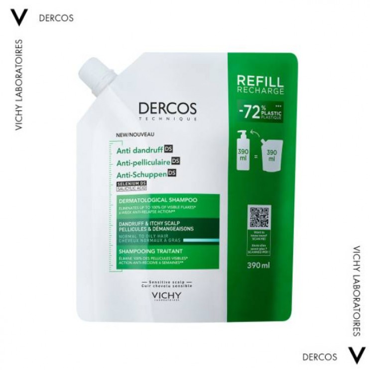 Vichy Dercos Anti-Dandruff DS Greasy Hair - Refill 390ml | Σαμπουάν κατά της Ξηροδερμίας, της Πιτυρίδας και του Κνησμού για Κανονικά - Λιπαρά Μαλλιά σε  Οικολογική Συσκευασία
