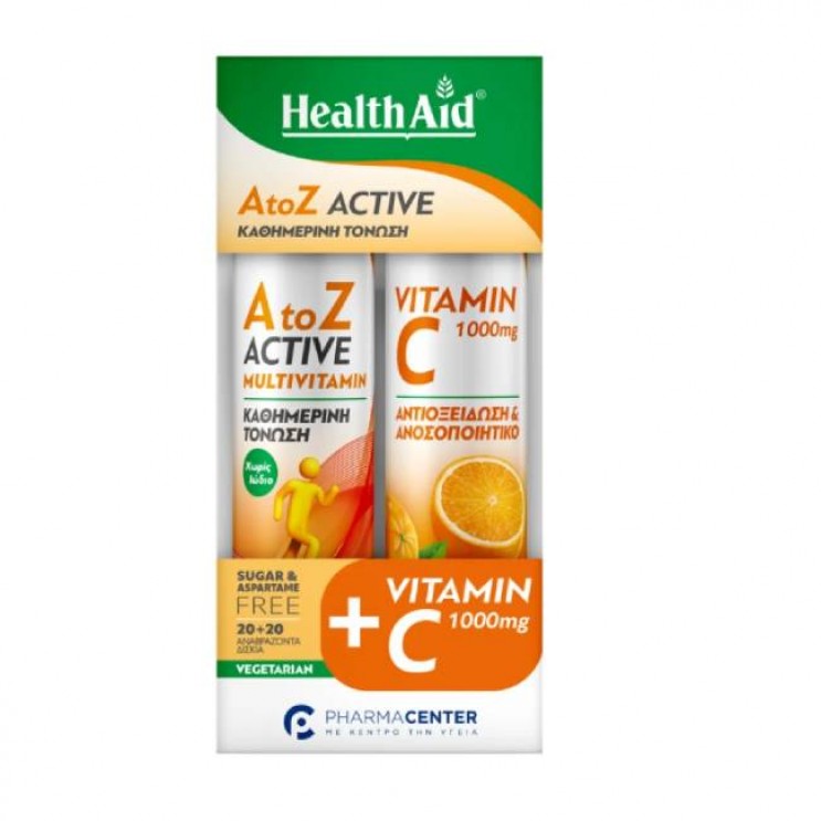 Health Aid A to Z Active, Συμπλήρωμα Διατροφής Πολυβιταμίνης 20eff.tabs & Vitamin C 1000mg, Βιταμίνη C 20eff.tabs