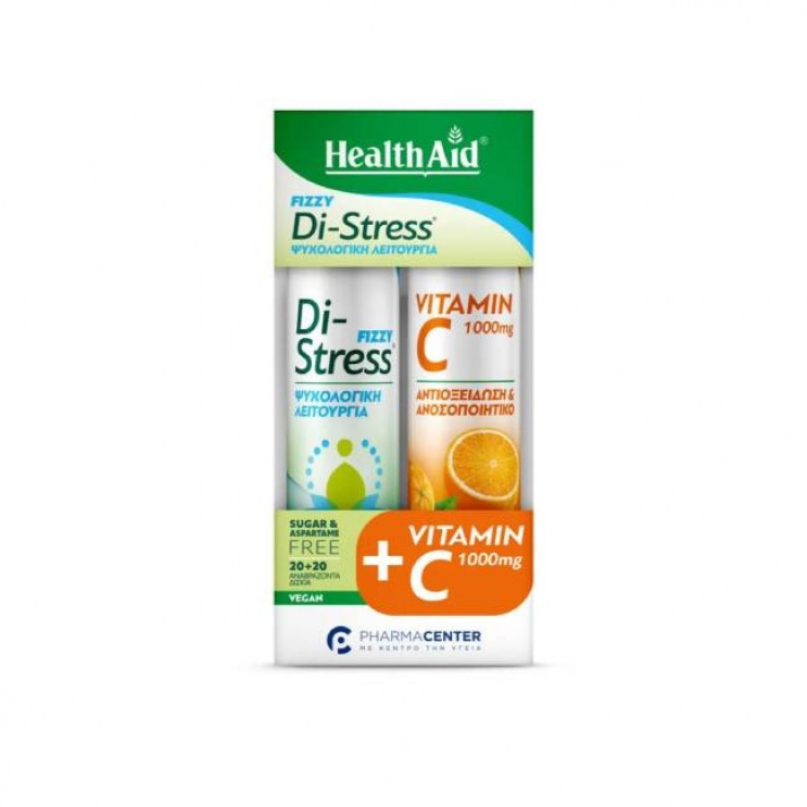 Health Aid Fizzy Di-Stress Συμπλήρωμα Διατροφής για την Φυσιολογική Ψυχολογική Λειτουργία  20eff.tabs & Vitamin C 1000mg Βιταμίνη C ,20eff.tabs