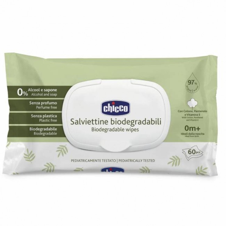 Chicco Biodegradable Wipes 60pcs | Μωρομάντηλα με 97% Νερό και Καπάκι Βιοδιασπώμενα 