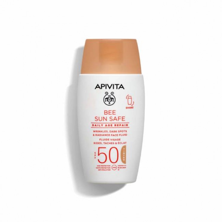 Apivita Bee Sun Safe Daily Age Repair SPF50 Tinted 50ml | Λεπτόρρευστη Αντηλιακή Κρέμα Προσώπου Λάμψης για Ρυτίδες & Πανάδες με Χρώμα