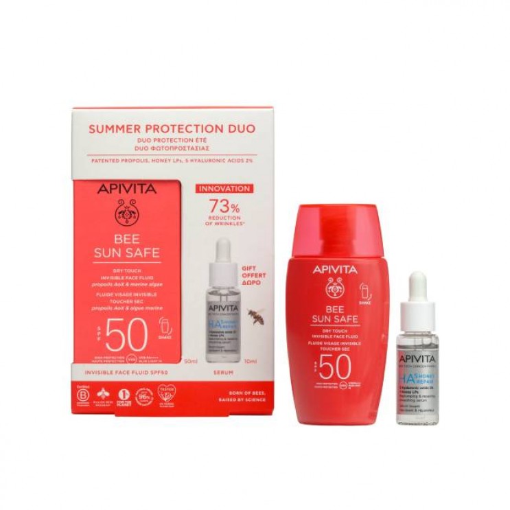 Apivita Bee Sun Safe Dry Touch Invisible Face Fluid SPF50 Αντιηλιακή Λεπτόρρευστη Κρέμα Προσώπου Υψηλής Προστασίας 50ml & Δώρο HA5 Honey Repair Serum  Ορός Επανόρθωσης & Λείανσης 10ml