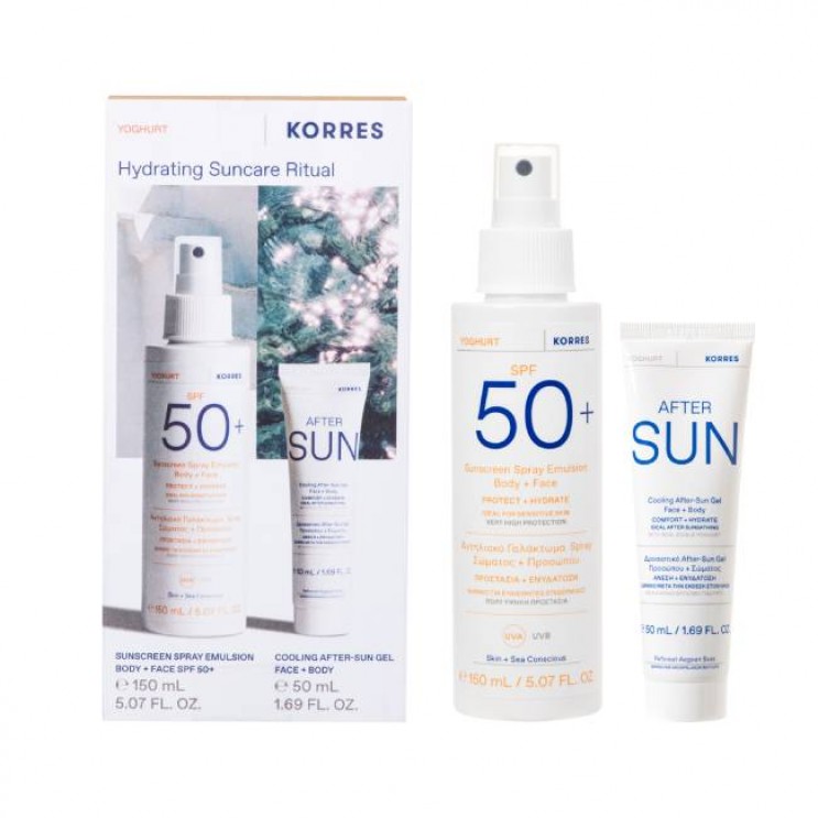 Korres Sunscreen Yoghurt Spray Emulsion Body & Face SPF50 Αντηλιακό Γαλάκτωμα Spray Γιαούρτι Σώματος -  Προσώπου 150ml & Γιαούρτι Cooling After Sun Gel Πρόσωπο και Σώμα 50ml