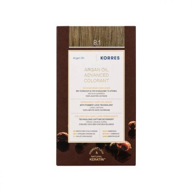 Korres Argan Oil Advanced Colorant 8.1 Ash Light Blonde | Μόνιμη Βαφή Μαλλιών Argan Oil 8.1 Ξανθό Ανοιχτό Σαντρέ