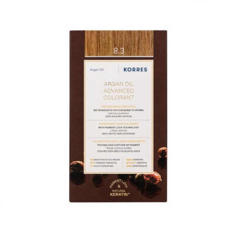Korres Argan Oil Advanced Colorant 8.3 Golden / Honey Light Blonde | Μόνιμη Βαφή Μαλλιών Argan Oil 8.3 Ξανθό Ανοιχτό Χρυσό / Μελί
