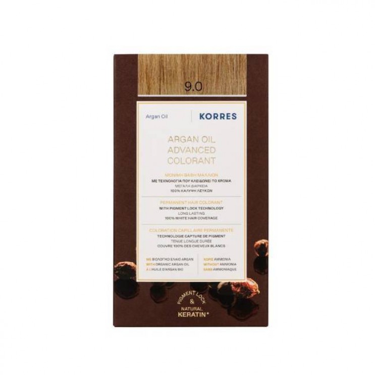 Korres Argan Oil Advanced Colorant 9.0 Very Light Blonde | Μόνιμη Βαφή Μαλλιών Argan Oil 9.0 Πολύ Aνοιχτό Ξανθό