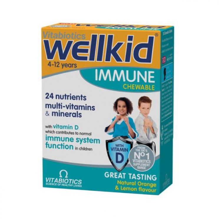 Vitabiotics Wellkid Immune 30chew.tabs | Συμπλήρωμα Διατροφής  για την Ενίσχυση του Ανοσοποιητικού με Γεύση Πορτοκάλι Λεμόνι