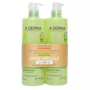 A-Derma Exomega Control 2in1 Gel Lavant Emollient 2x500ml | Μαλακτικό Τζελ Καθαρισμού για το Ατοπικό Δέρμα κατάλληλο για Σώμα και Μαλλιά (-50% στο 2ο Προϊόν) 