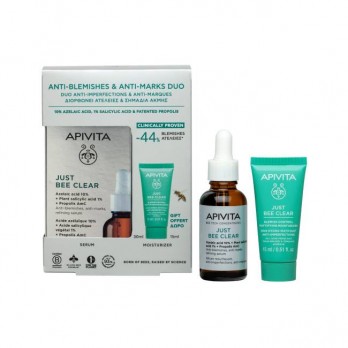Apivita Just Bee Clear Anti-Blemishes, Anti-Marks, Refining Serum Ορός Λείανσης, Διορθώνει Ατέλειες & Σημάδια Ακμής 30ml & Δώρο Just Bee Clear Κρέμα Κατά Των Ατελειών - Ενυδάτωση & Ματ Αποτέλεσμα 15ml 
