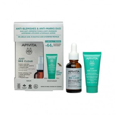Apivita Just Bee Clear Anti-Blemishes, Anti-Marks, Refining Serum Ορός Λείανσης, Διορθώνει Ατέλειες & Σημάδια Ακμής 30ml & Δώρο Just Bee Clear Κρέμα Κατά Των Ατελειών - Ενυδάτωση & Ματ Αποτέλεσμα 15ml 