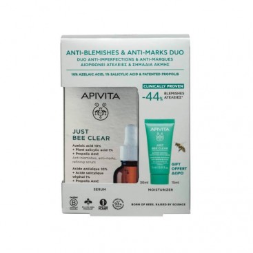 Apivita Just Bee Clear Anti-Blemishes, Anti-Marks, Refining Serum Ορός Λείανσης, Διορθώνει Ατέλειες & Σημάδια Ακμής 30ml & Δώρο Just Bee Clear Κρέμα Κατά Των Ατελειών - Ενυδάτωση & Ματ Αποτέλεσμα 15ml 
