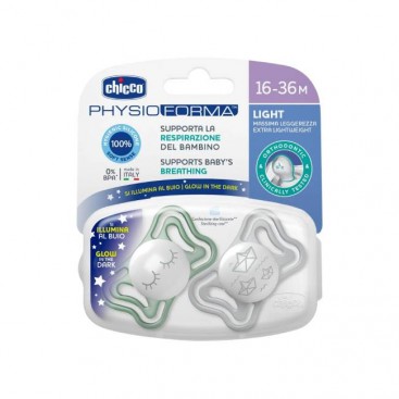 Chicco Physio Forma Light 16-36m Night  2τμχ | Πιπίλα Σιλικόνης 16-36 μηνών για τη Νύχτα 