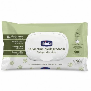 Chicco Biodegradable Wipes 60pcs | Μωρομάντηλα με 97% Νερό και Καπάκι Βιοδιασπώμενα 