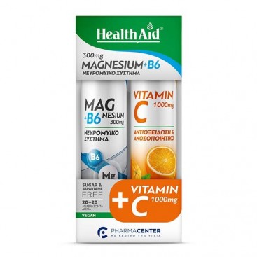Health Aid Magnesium + B6, Συμπλήρωμα Διατροφής Μαγνήσιο με Γεύση Λεμόνι 20eff.tabs & Vitamin C 1000mg Orange Συμπλήρωμα Διατροφής Βιταμίνης C με Γεύση Πορτοκάλι 20 Eff.tabs
