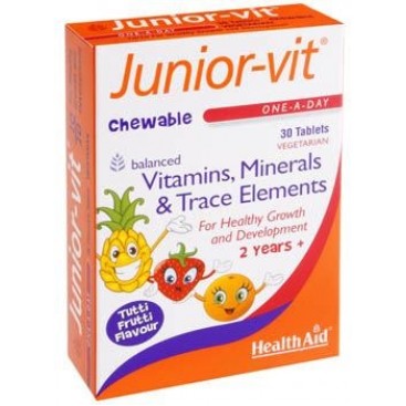 Health Aid Junior Vit™ Βιταμίνες & Μέταλλα για παιδιά σε μασώμενες ταμπλέτες με υπέροχη γεύση Tutti Frutti 30's