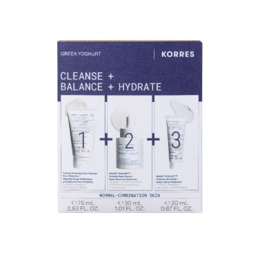 Korres Greek Yoghurt, Smart Yoghurt™ Probiotic Super Serum Ορός Προσώπου με Προβιοτικά 30ml & Greek Yoghurt Αφρώδης Kρέμα Καθαρισμού με Προβιοτικά 75ml & Greek Yoghurt Κρέμα-Gel Προσώπου με Προβιοτικά για Κανονικές - Μικτές Επιδερμίδες 20ml