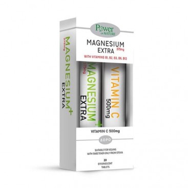 Power Health Magnesium Plus Extra 375mg Συμπλήρωμα Διατροφής με Μαγνήσιο με Στέβια 20eff. tabs & Δώρο Vitamin C 500mg Πορτοκάλι με Stevia 20eff. tabs