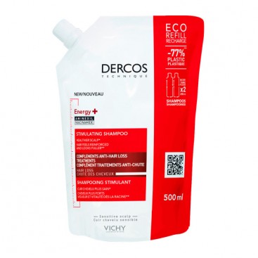 Vichy Dercos Energy+ Shampoo Refill 500ml | Δυναμωτικό Σαμπουάν κατά της Τριχόπτωσης, με Aminexil και Νιασιναμίδη σε Οικολογική Συσκευασία