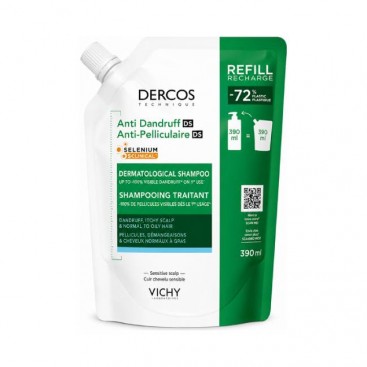 Vichy Dercos Anti-Dandruff DS Greasy Hair - Refill 390ml | Σαμπουάν κατά της Ξηροδερμίας, της Πιτυρίδας και του Κνησμού για Κανονικά - Λιπαρά Μαλλιά σε  Οικολογική Συσκευασία